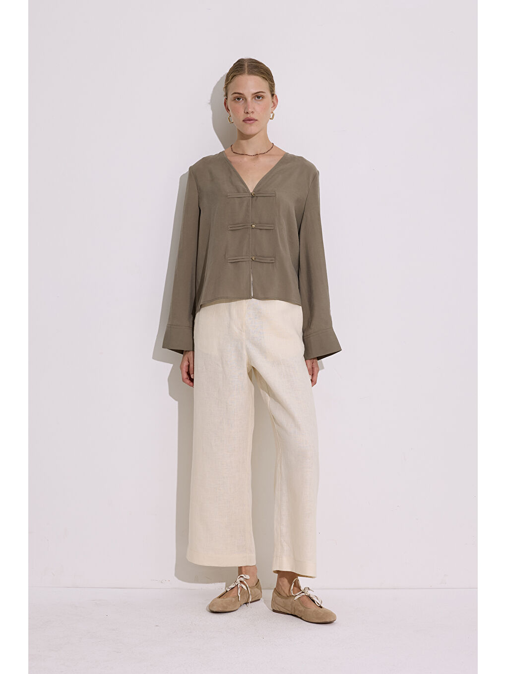 Modal Geniş Kollu Bluz Haki-2