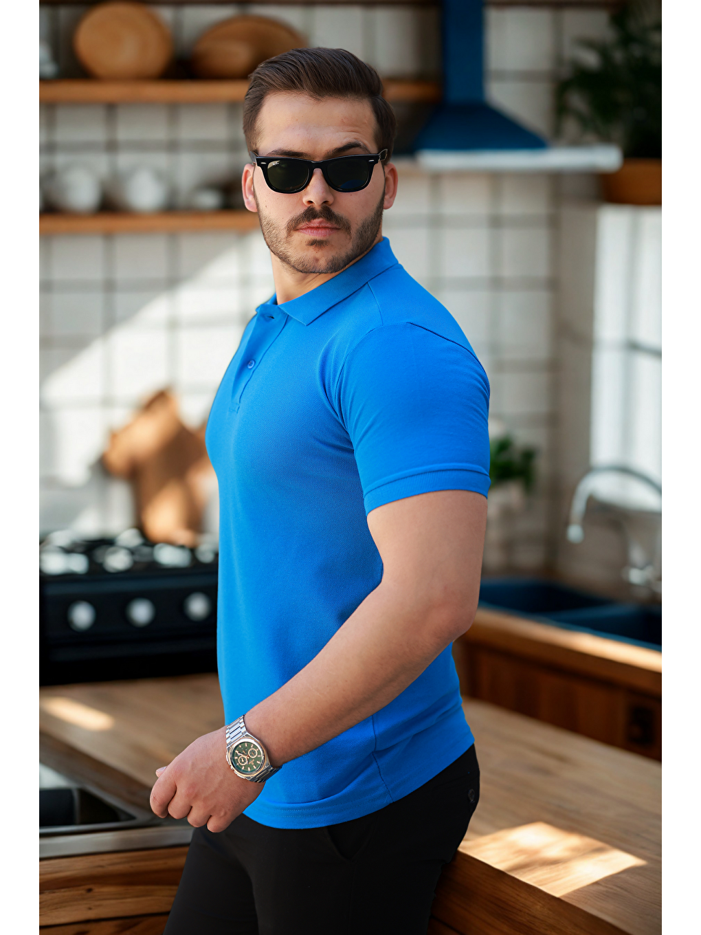 Erkek Basic Kısa Kol A.Mavi Polo Yaka Tişört-4
