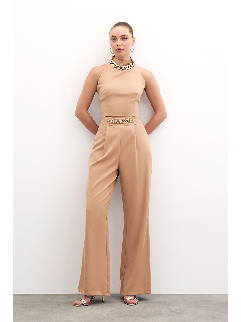 Kahverengi Bel Gold Zincirli Pantolon - Camel