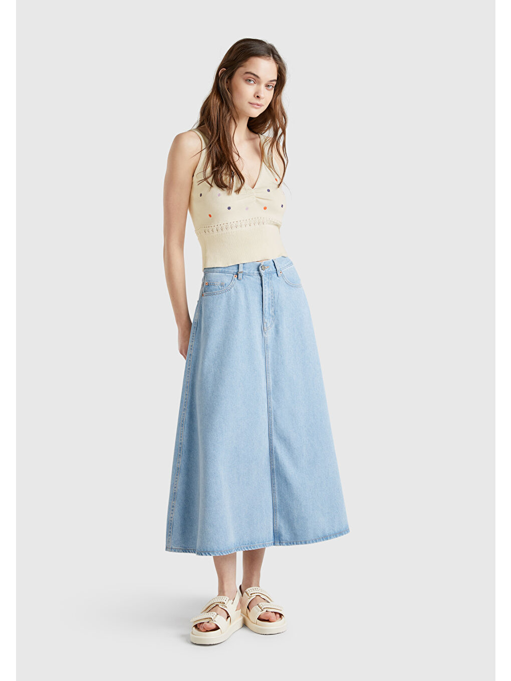 Ekru Kadın Krem %100 Pamuk Çiçek İşlemeli Göğsü Büzgülü Regular Fit Triko Atlet-4