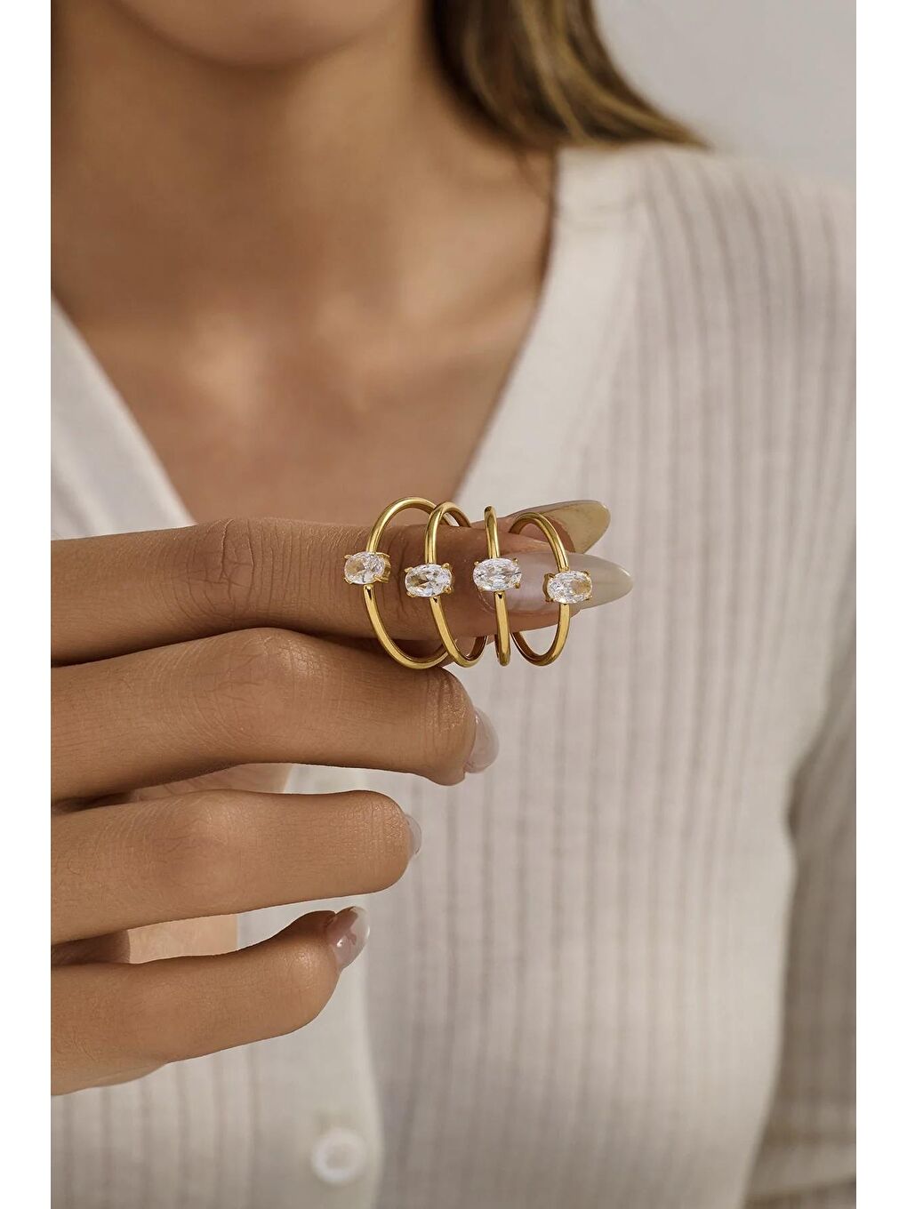 Beyaz Çelik Elips Zirkon Taşlı Minimal Yüzük Seti 2 adet