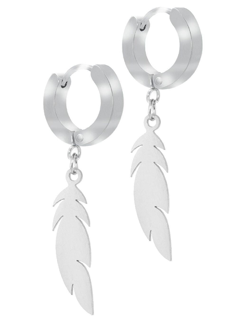 Gri Erkek Gümüş Renk Sallantılı Yaprak Objeli Çelik Küpe