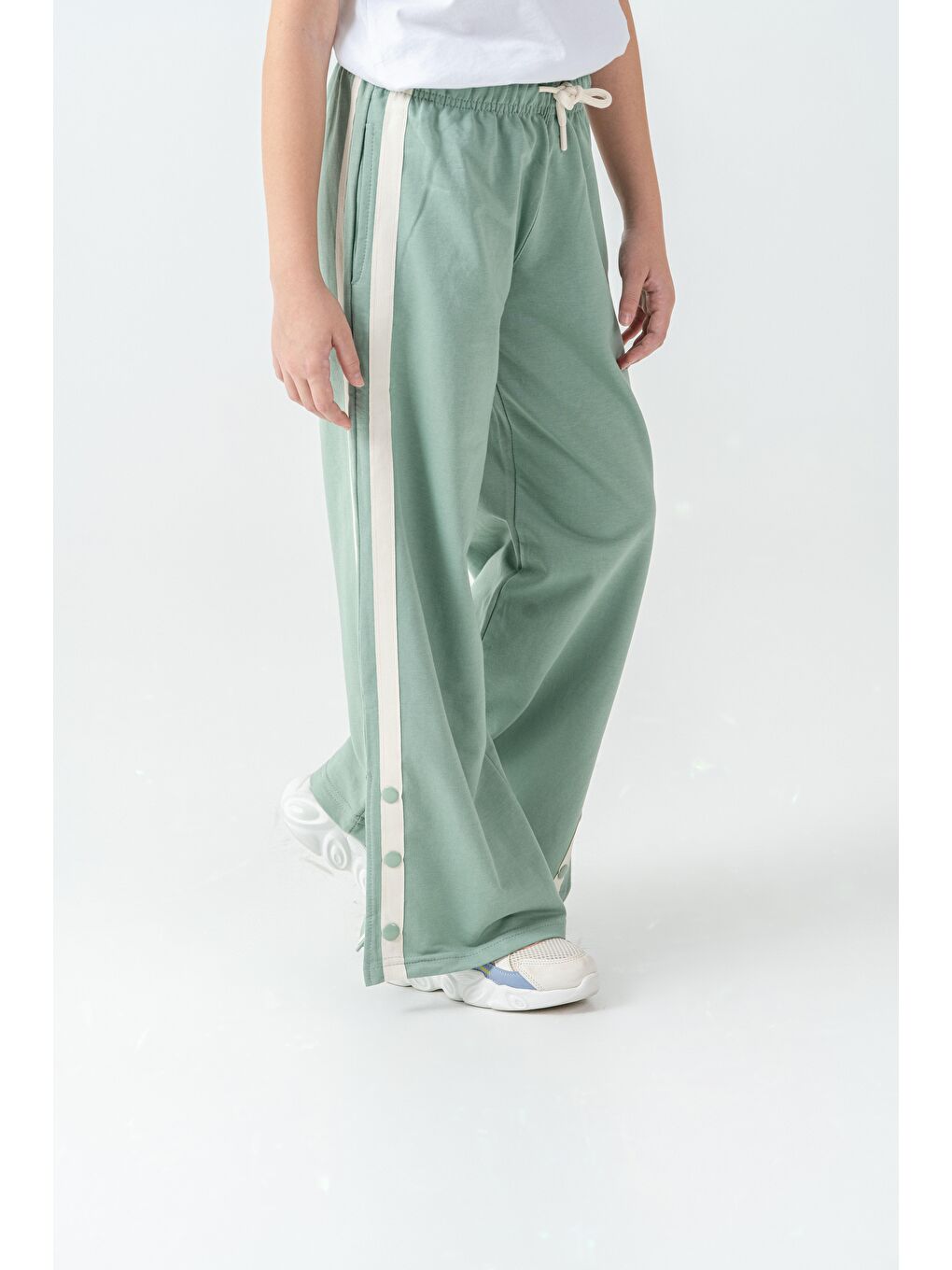 Yeşil Yanlar Grogren Şeritli Paçalar Çıtçıtlı Kız Çocuk Eşofman Alt-3