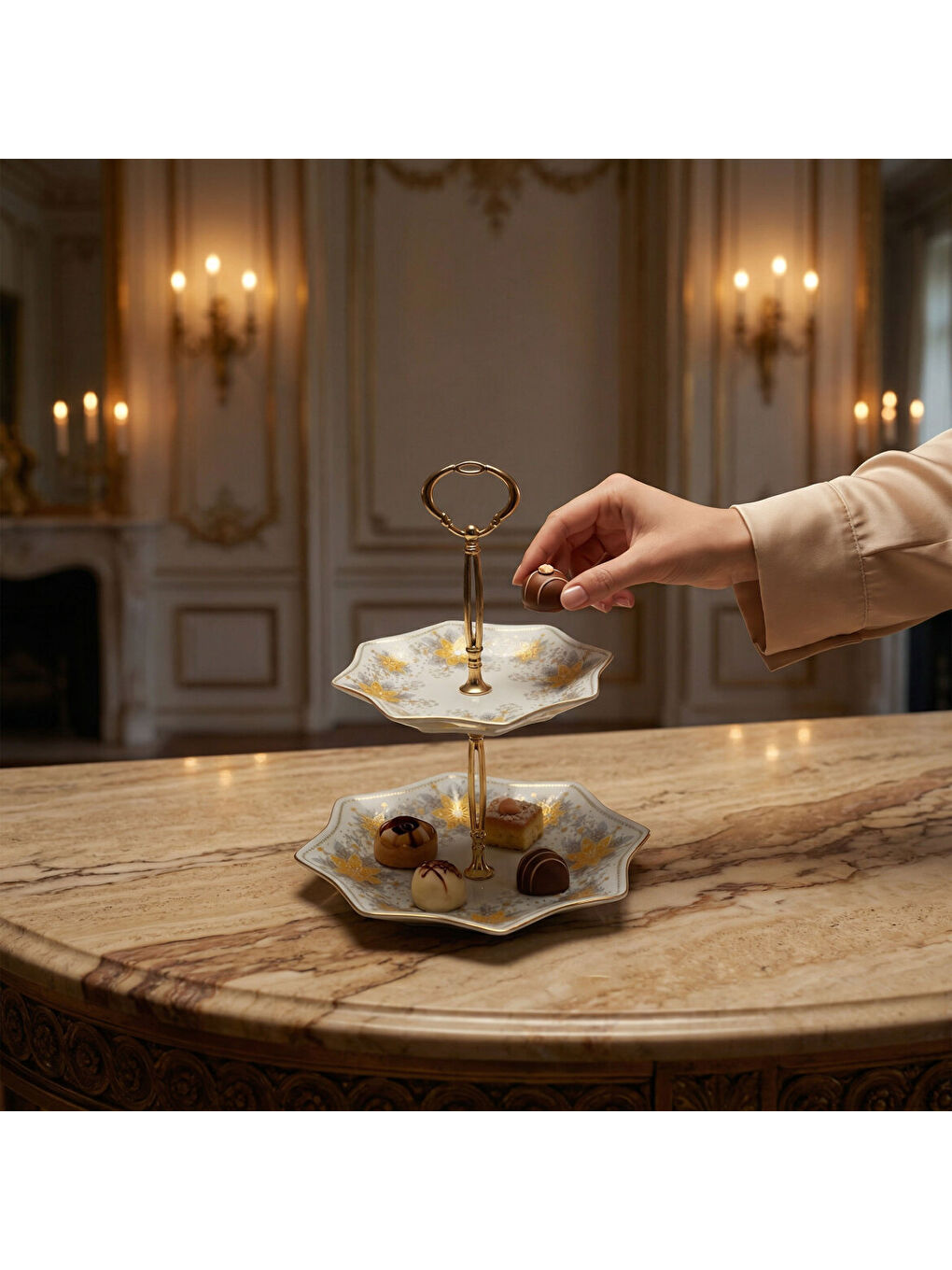 Ekru Özel Tasarım El Dekoru Yıldız Şekilli İki Katlı Dekoratif Sunumluk Kurabiyelik-2