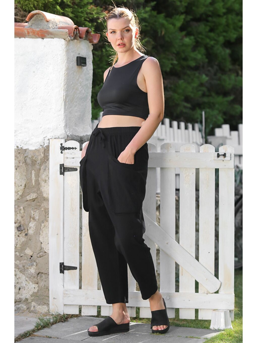 Organik Pamuk Siyah Kargo Cepli Lastikli Ve Bağlamalı Bel Şalvar Casual Dokuma Pantolon 100 65-3