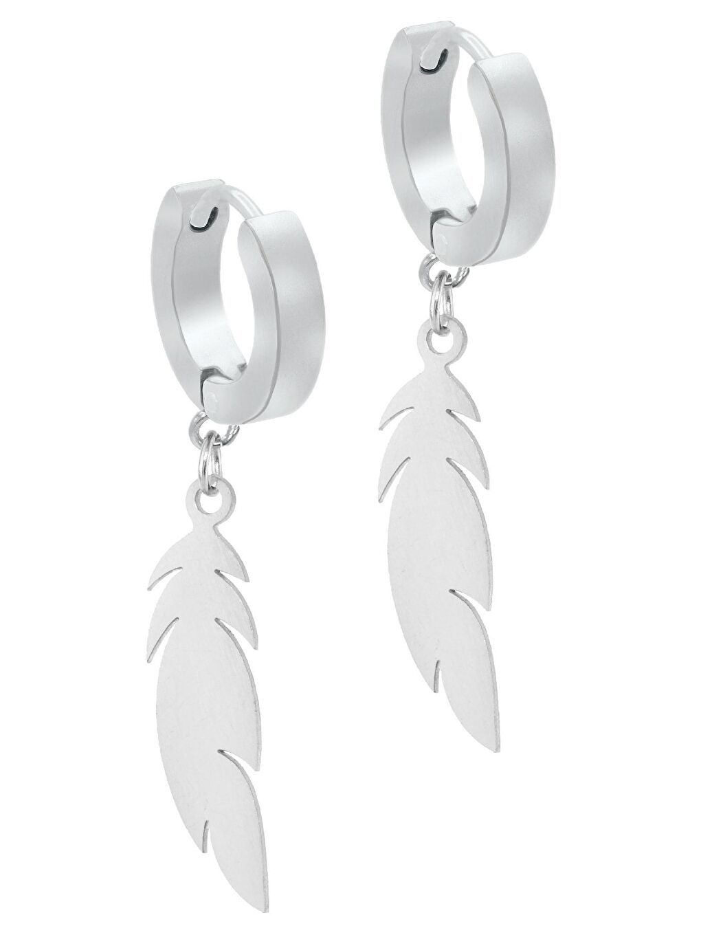 Gri Erkek Gümüş Renk Sallantılı Yaprak Objeli Çelik Küpe-1