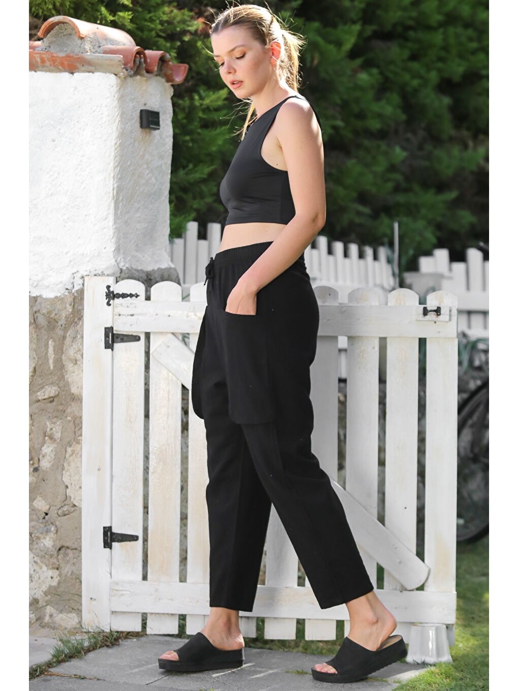 Organik Pamuk Siyah Kargo Cepli Lastikli Ve Bağlamalı Bel Şalvar Casual Dokuma Pantolon 100 65-4