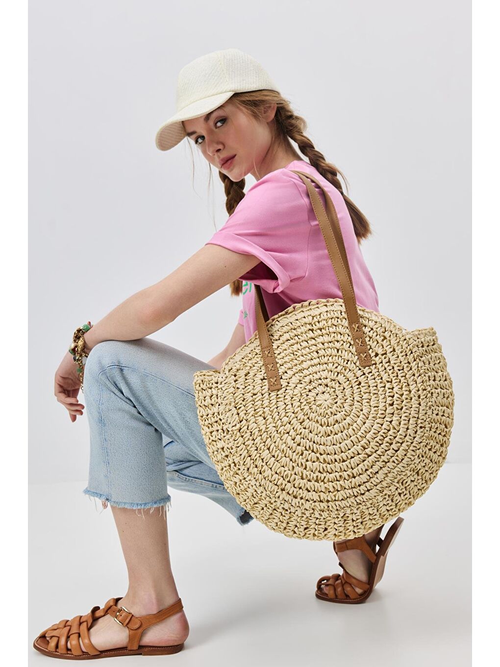 Hasır Omuz Çantası Y9207 Bej