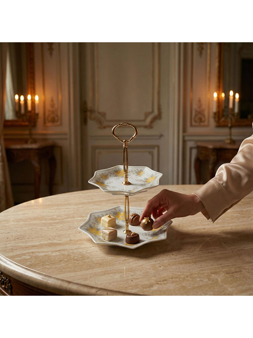 Ekru Özel Tasarım El Dekoru Yıldız Şekilli İki Katlı Dekoratif Sunumluk Kurabiyelik-3