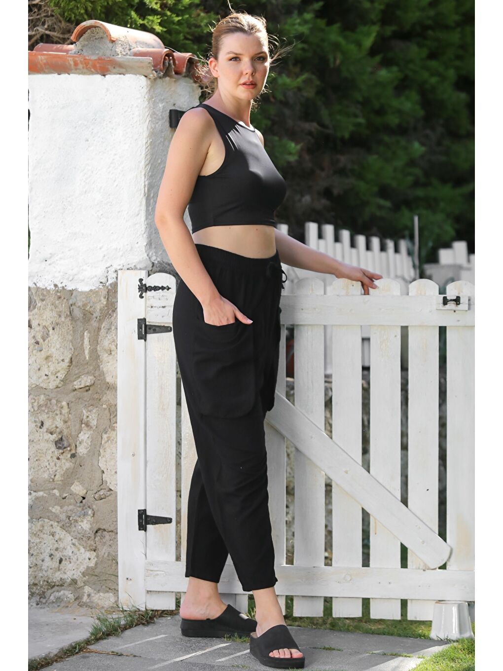 Organik Pamuk Siyah Kargo Cepli Lastikli Ve Bağlamalı Bel Şalvar Casual Dokuma Pantolon 100 65-6