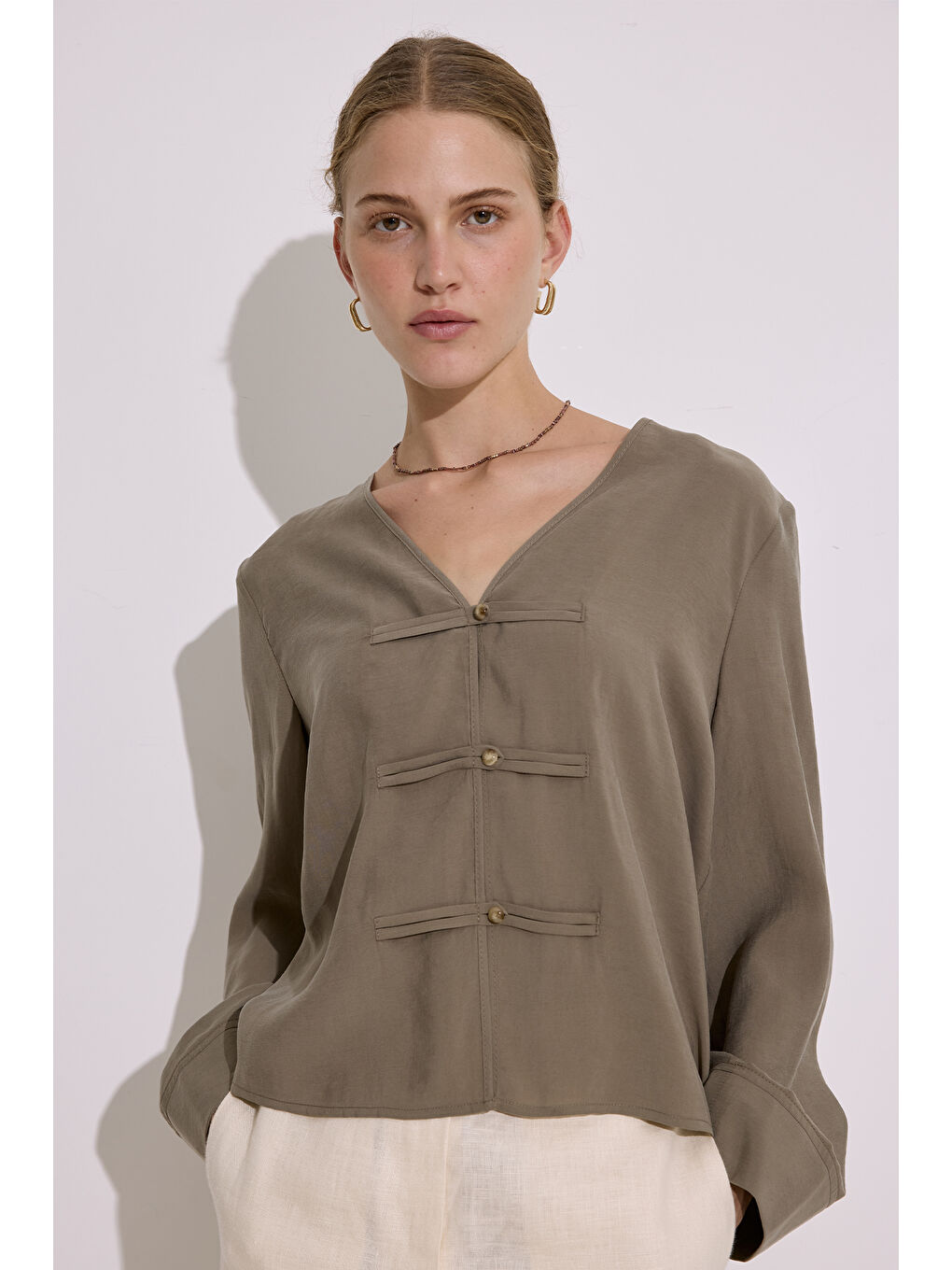 Modal Geniş Kollu Bluz Haki-3
