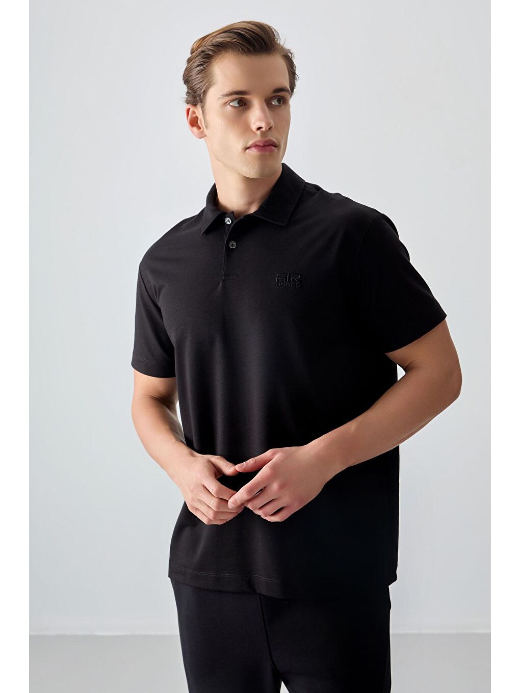 AIR JONES Siyah Pamuklu Kalın Yumuşak Dokulu Polo Yaka Oversize Fit Basic Erkek T- Shirt - 88381