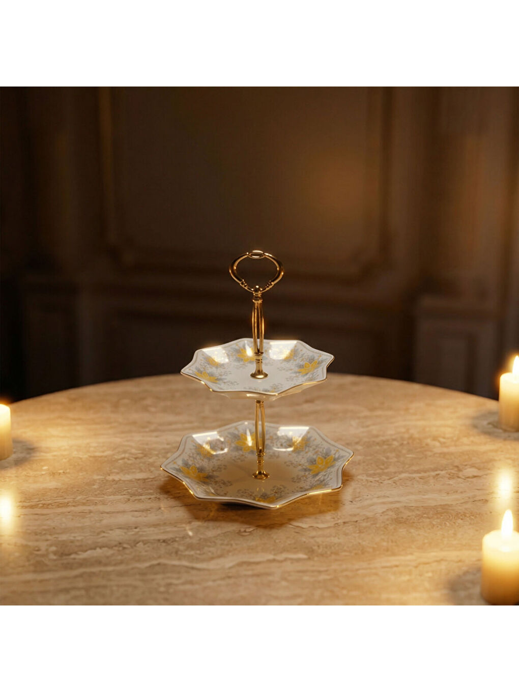 Ekru Özel Tasarım El Dekoru Yıldız Şekilli İki Katlı Dekoratif Sunumluk Kurabiyelik-4