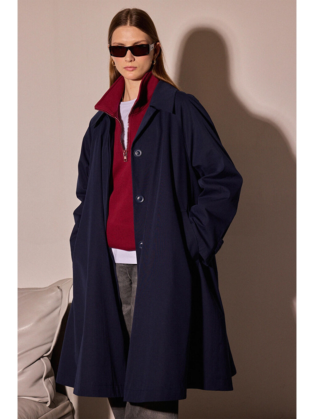 Lacivert Oversıze Trençkot-1