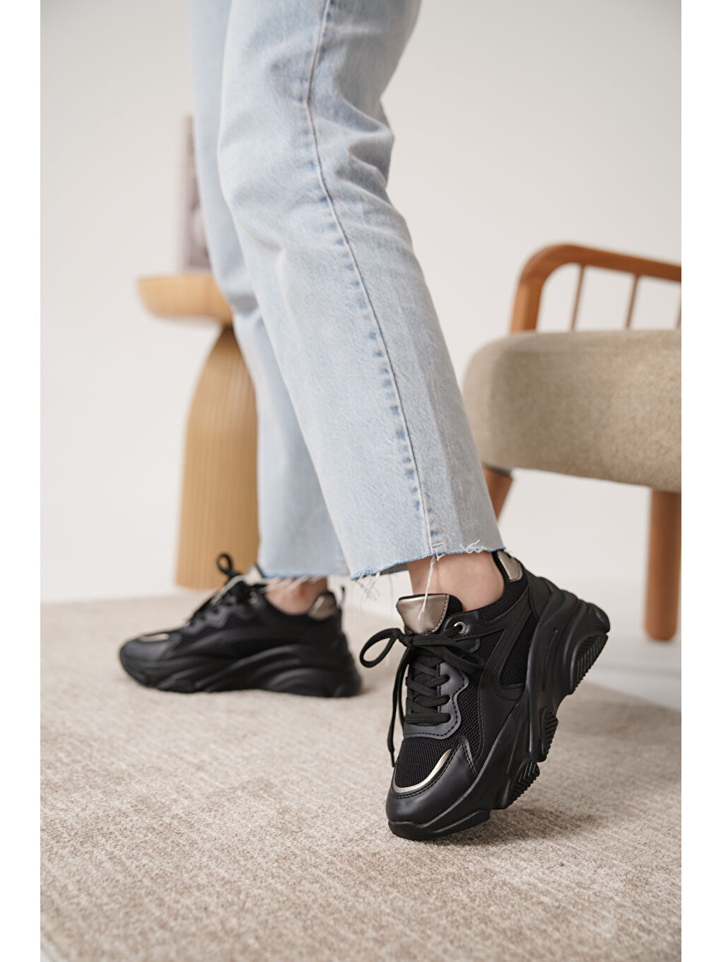 Siyah D383 Günlük Ortopedik Kadın Sneaker Spor Ayakkabı-2