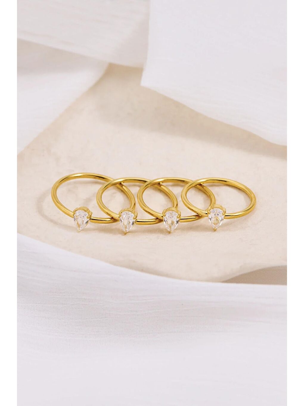Beyaz Çelik Damla Zirkon Taşlı Minimal Eklem Yüzük Seti 4 adet-2