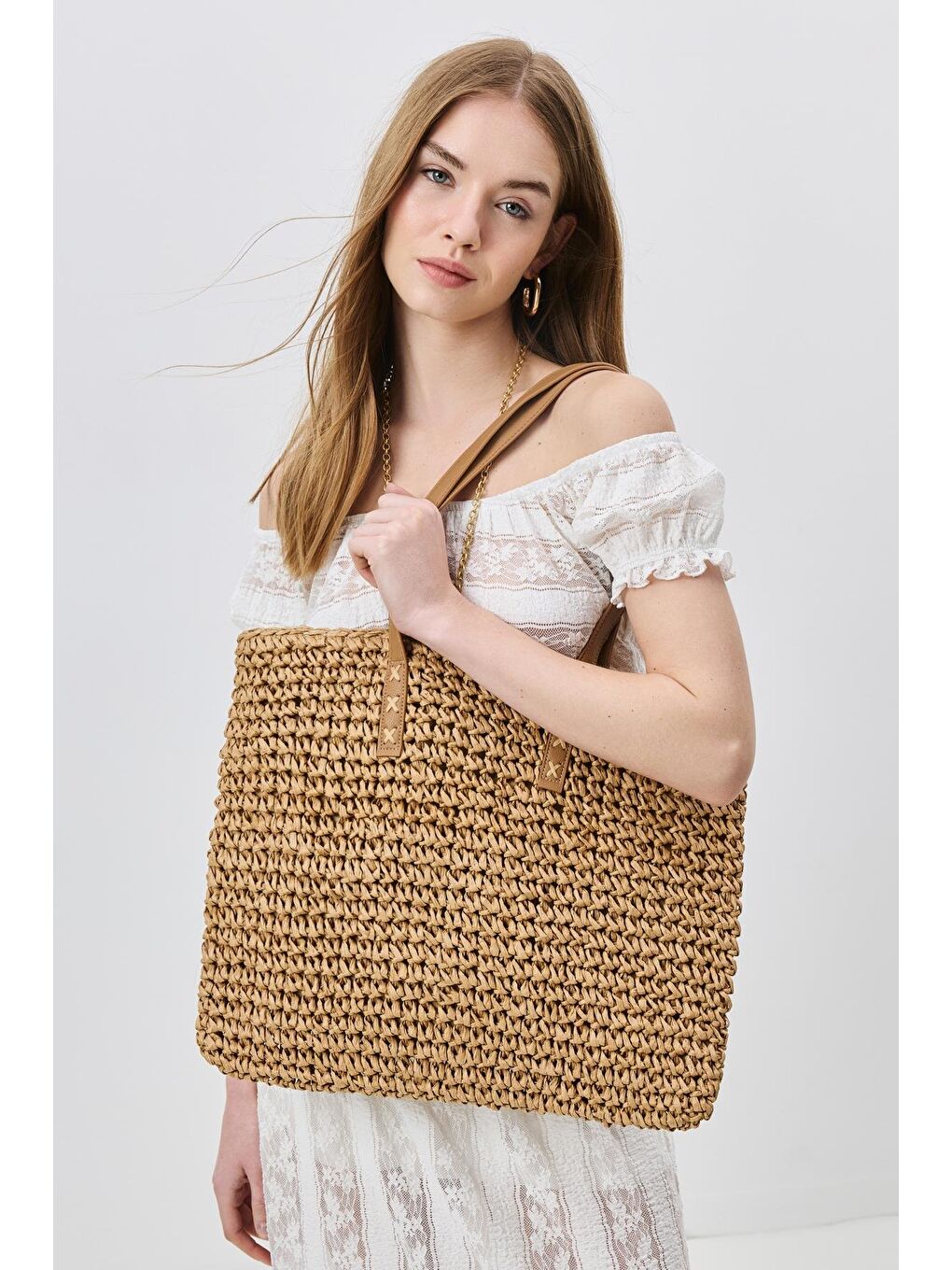 Bej Hasır Omuz Çantası Y9204 Vizon