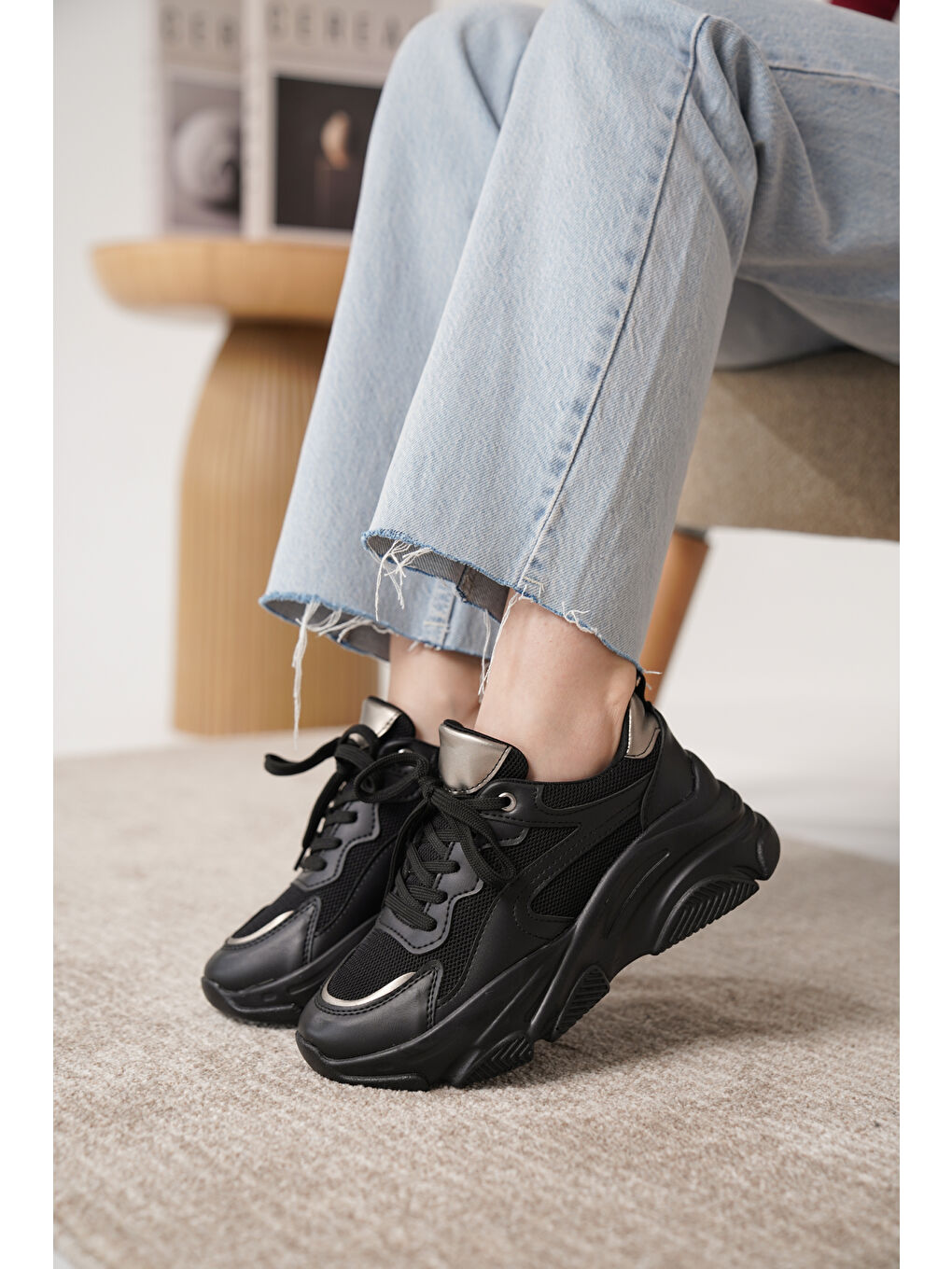 Siyah D383 Günlük Ortopedik Kadın Sneaker Spor Ayakkabı-3