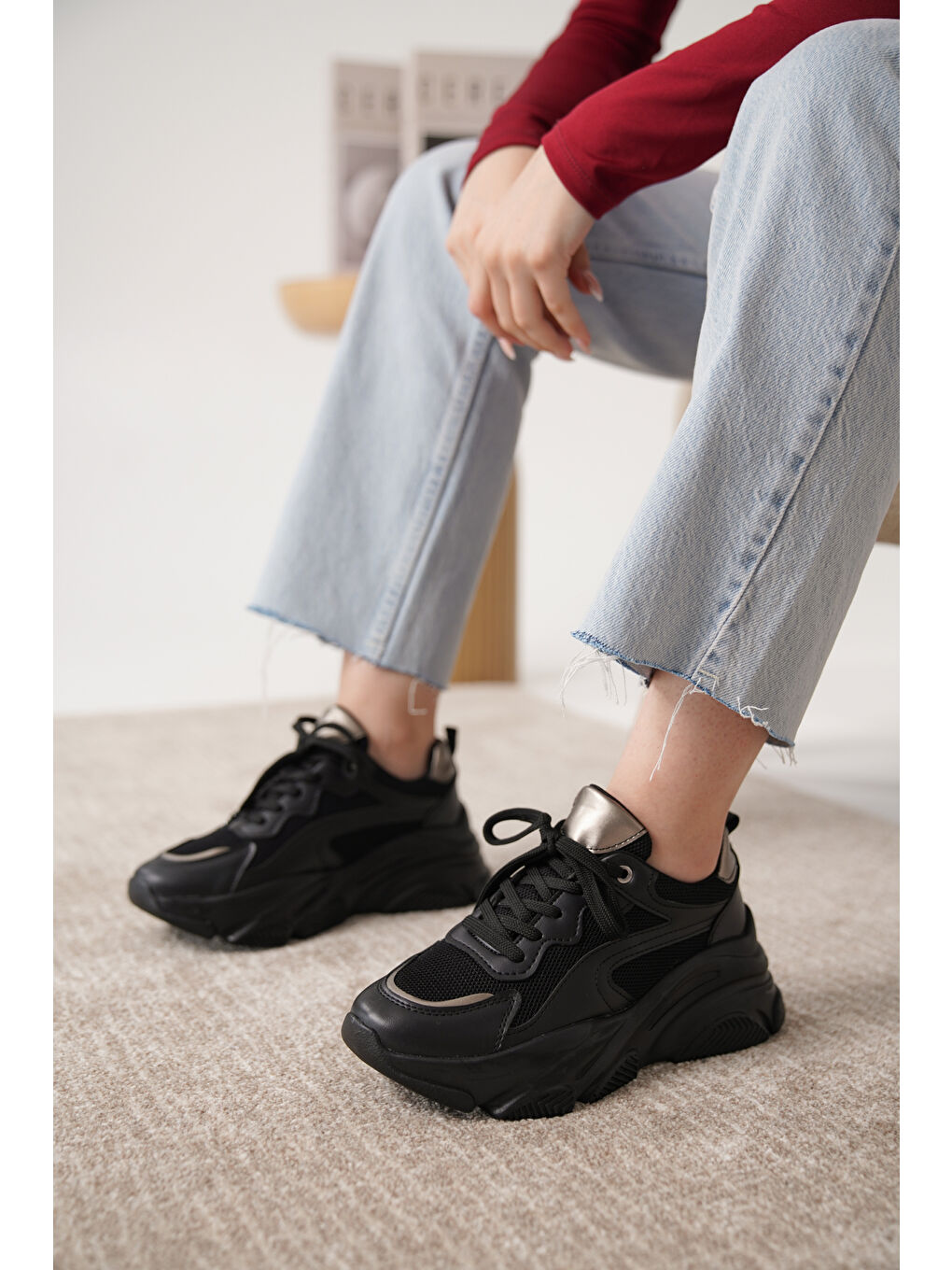 Siyah D383 Günlük Ortopedik Kadın Sneaker Spor Ayakkabı-4