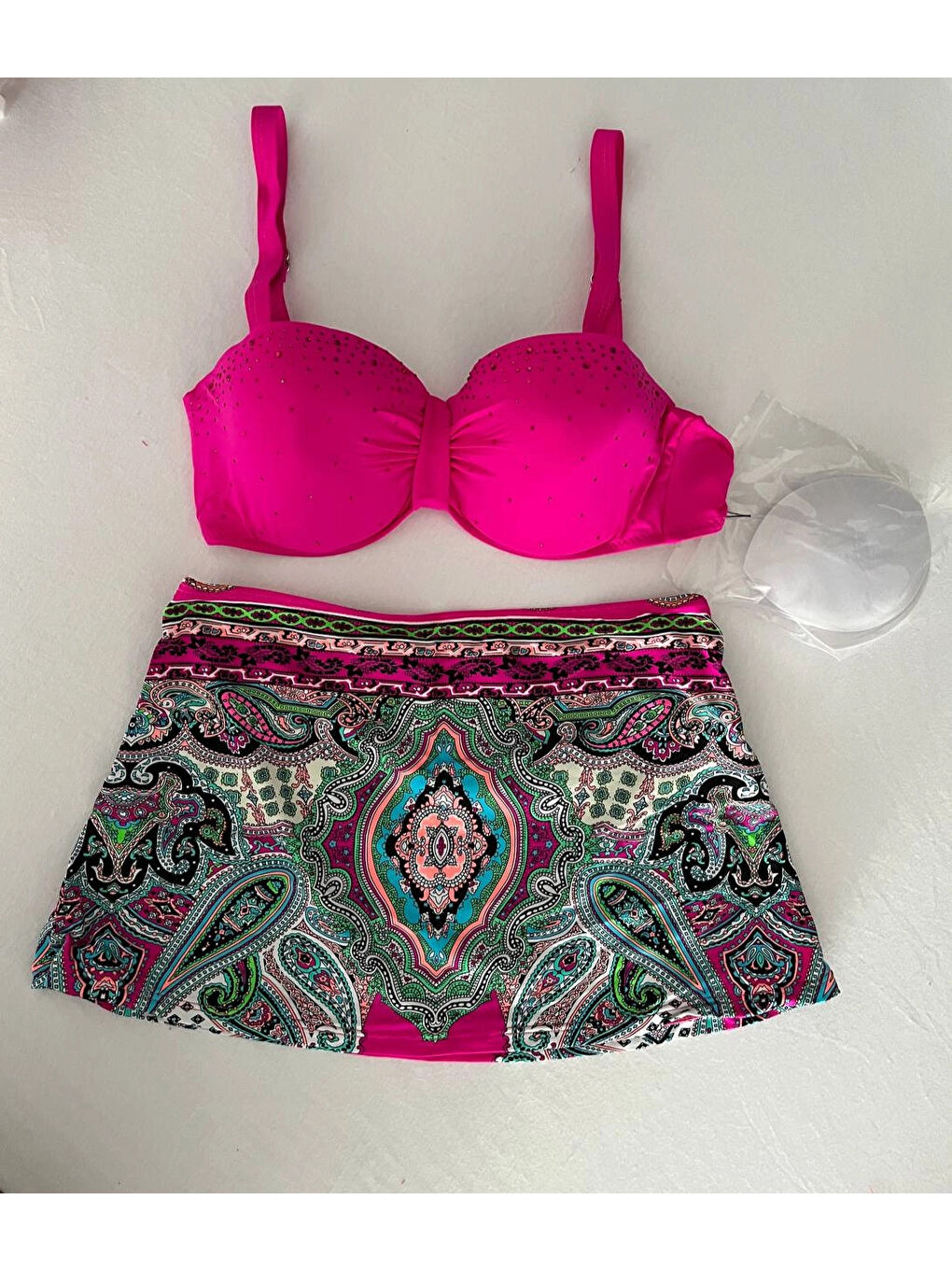 Kadın Fuşya Taş İşlemeli Desenli 3 Parça Bikini Takım HZL25S-LC3326-3