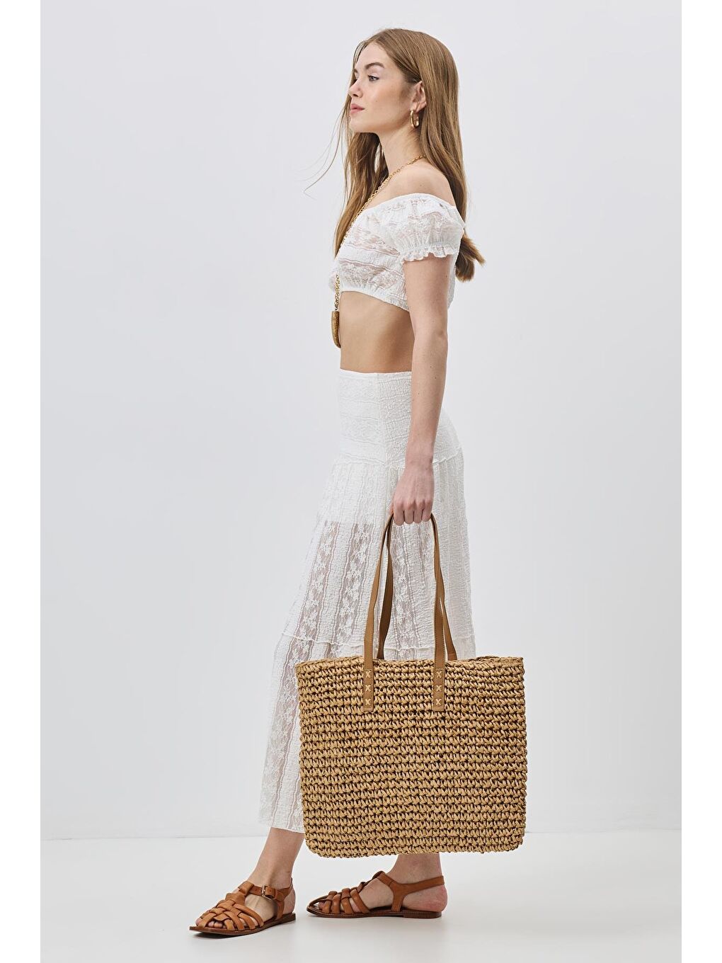 Bej Hasır Omuz Çantası Y9204 Vizon-2