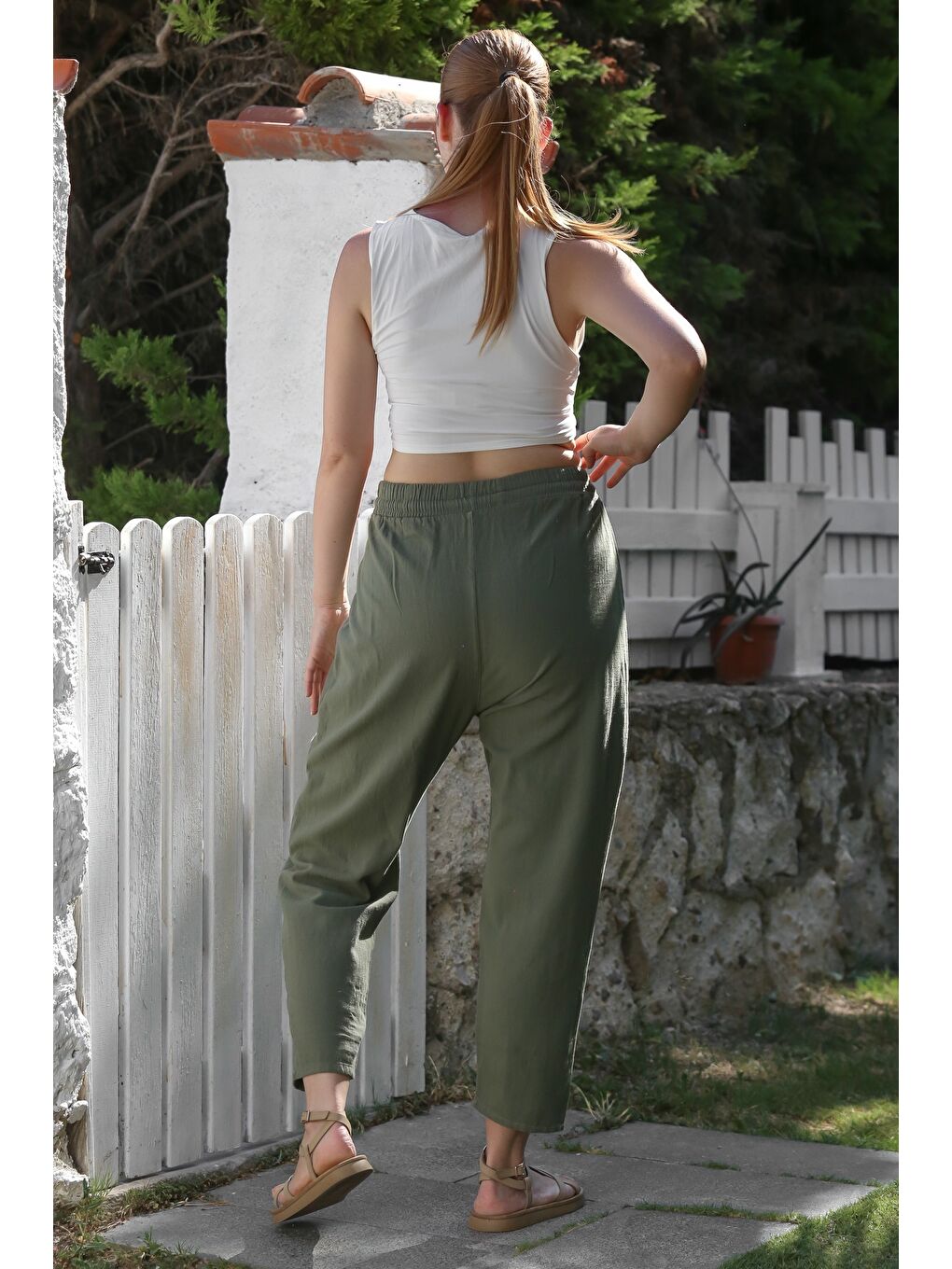 Organik Pamuk Haki Kargo Cepli Lastikli Ve Bağlamalı Bel Şalvar Casual Dokuma Pantolon 100 65-1