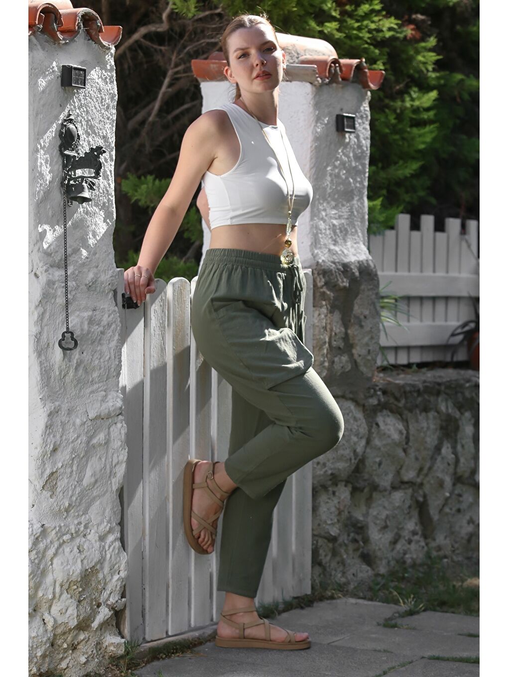 Organik Pamuk Haki Kargo Cepli Lastikli Ve Bağlamalı Bel Şalvar Casual Dokuma Pantolon 100 65-2