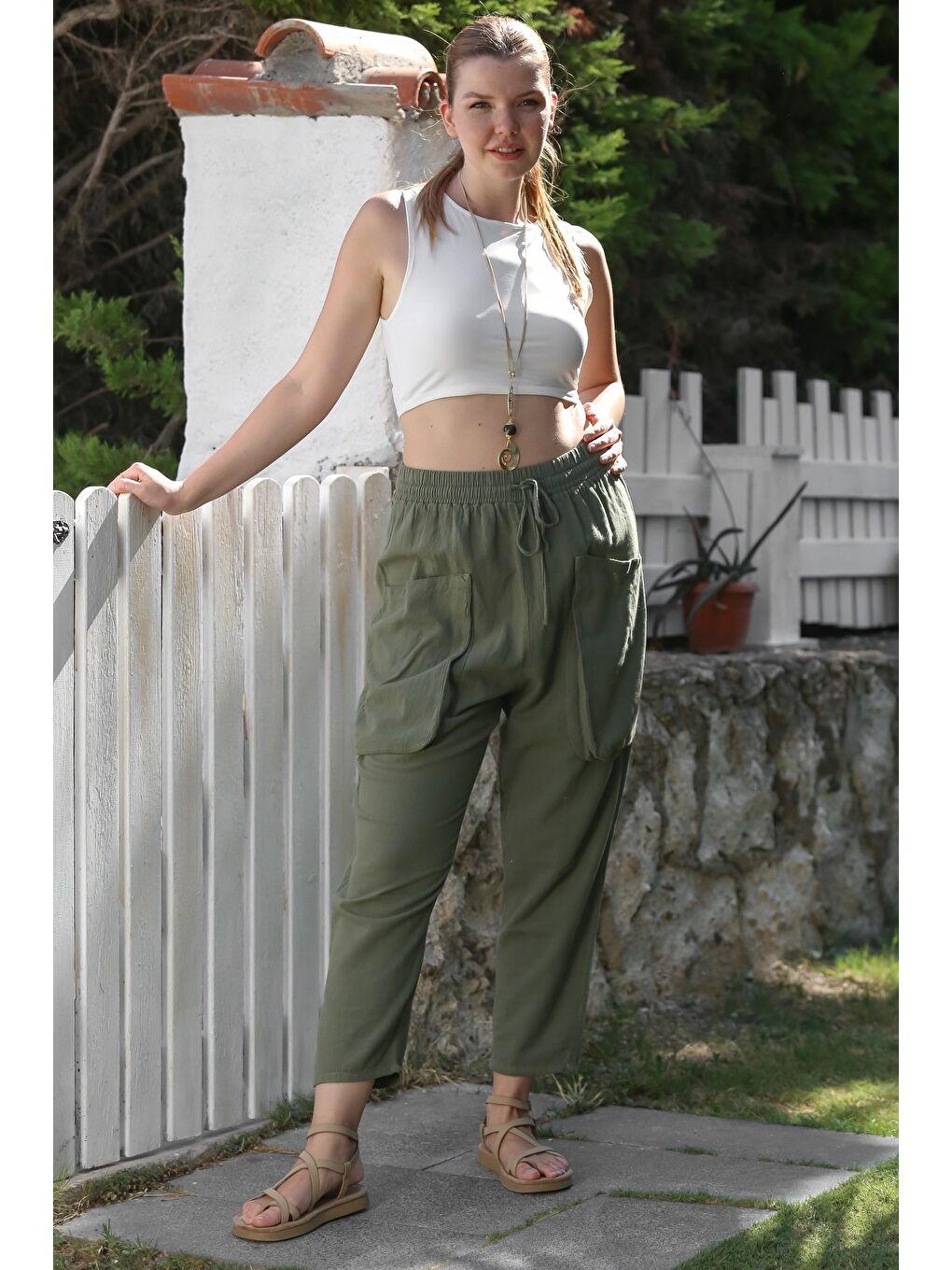 Organik Pamuk Haki Kargo Cepli Lastikli Ve Bağlamalı Bel Şalvar Casual Dokuma Pantolon 100 65-3