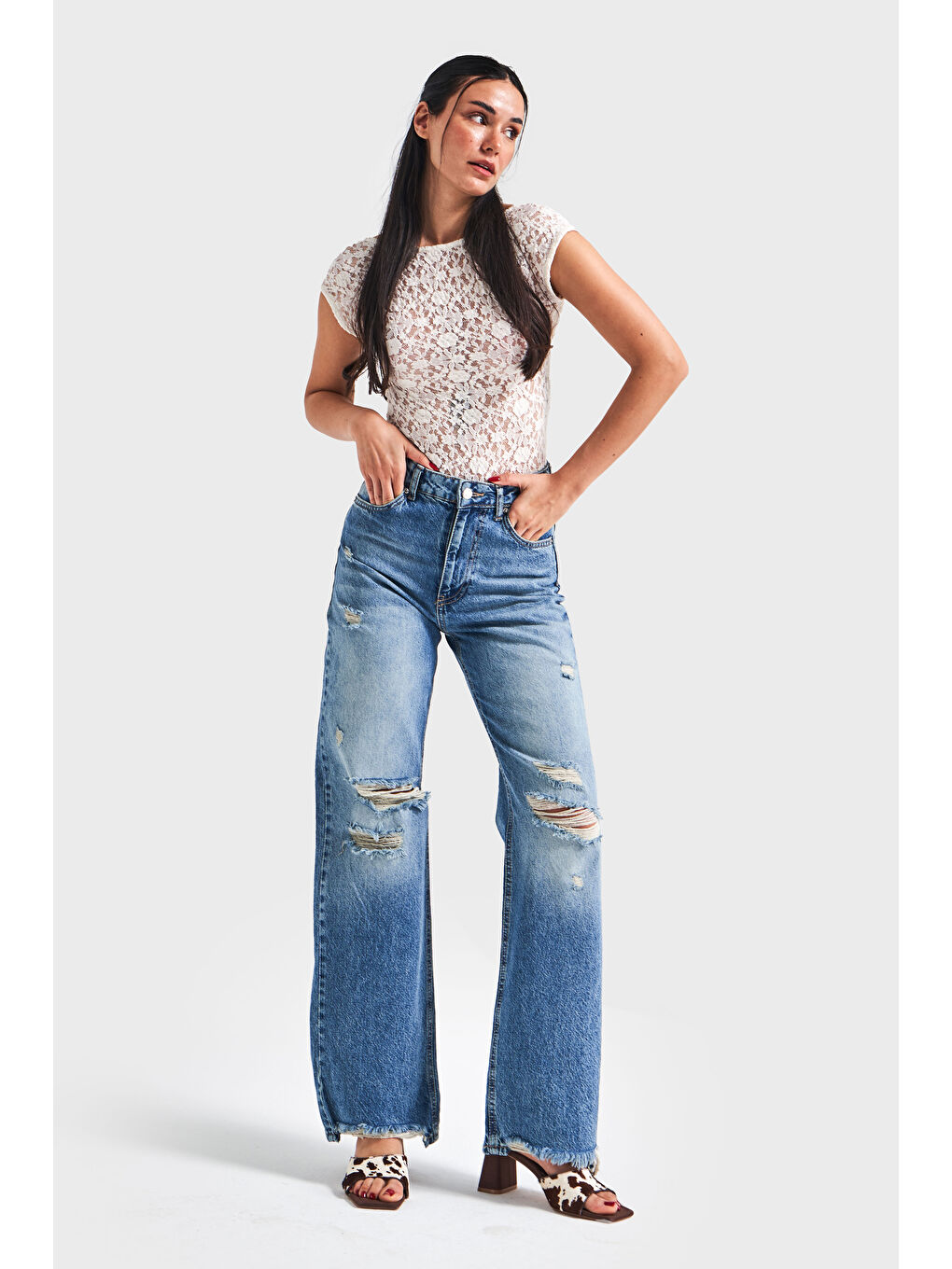 Mavi Kadın Jean Rengi 12s5 84 Straight Fit Yüksek Bel Yırtık Detaylı  100 Pamuk İç Boy 80cm Denim Jean-4