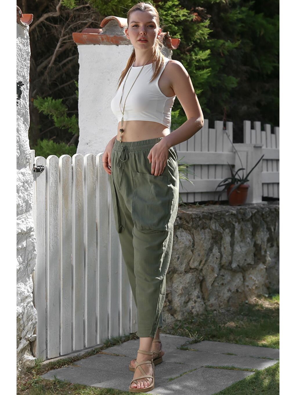 Organik Pamuk Haki Kargo Cepli Lastikli Ve Bağlamalı Bel Şalvar Casual Dokuma Pantolon 100 65-4