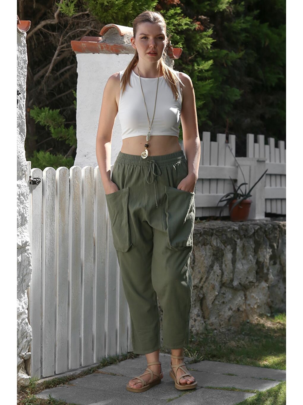 Organik Pamuk Haki Kargo Cepli Lastikli Ve Bağlamalı Bel Şalvar Casual Dokuma Pantolon 100 65-5