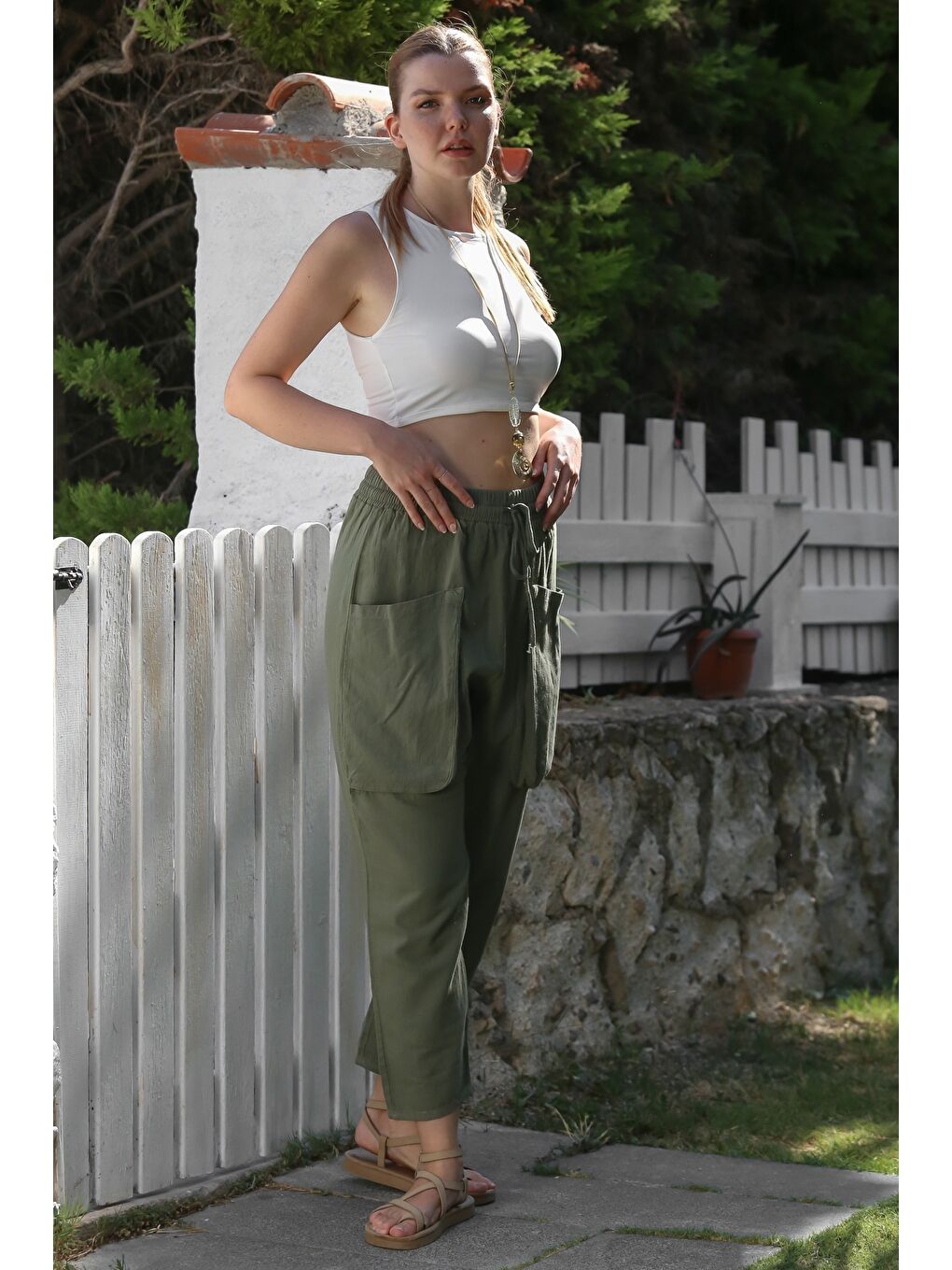 Organik Pamuk Haki Kargo Cepli Lastikli Ve Bağlamalı Bel Şalvar Casual Dokuma Pantolon 100 65-6