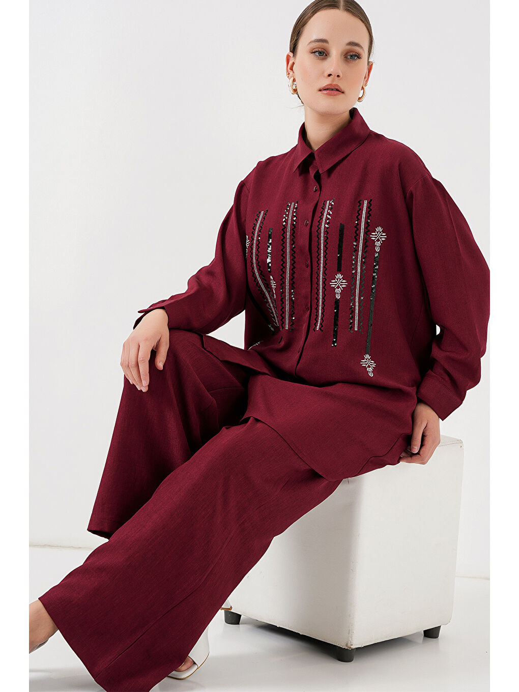 Desenli Tunik Pantolon İkili Takım 6720 - Bordo
