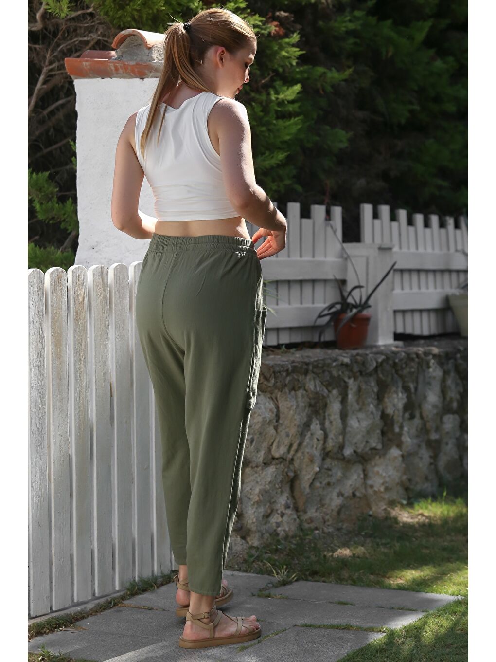 Organik Pamuk Haki Kargo Cepli Lastikli Ve Bağlamalı Bel Şalvar Casual Dokuma Pantolon 100 65-7