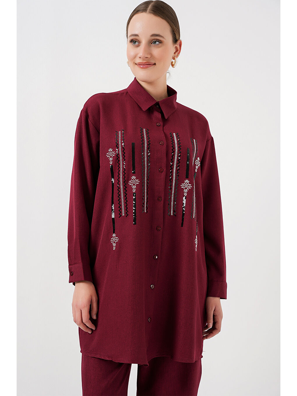 Desenli Tunik Pantolon İkili Takım 6720 - Bordo-1