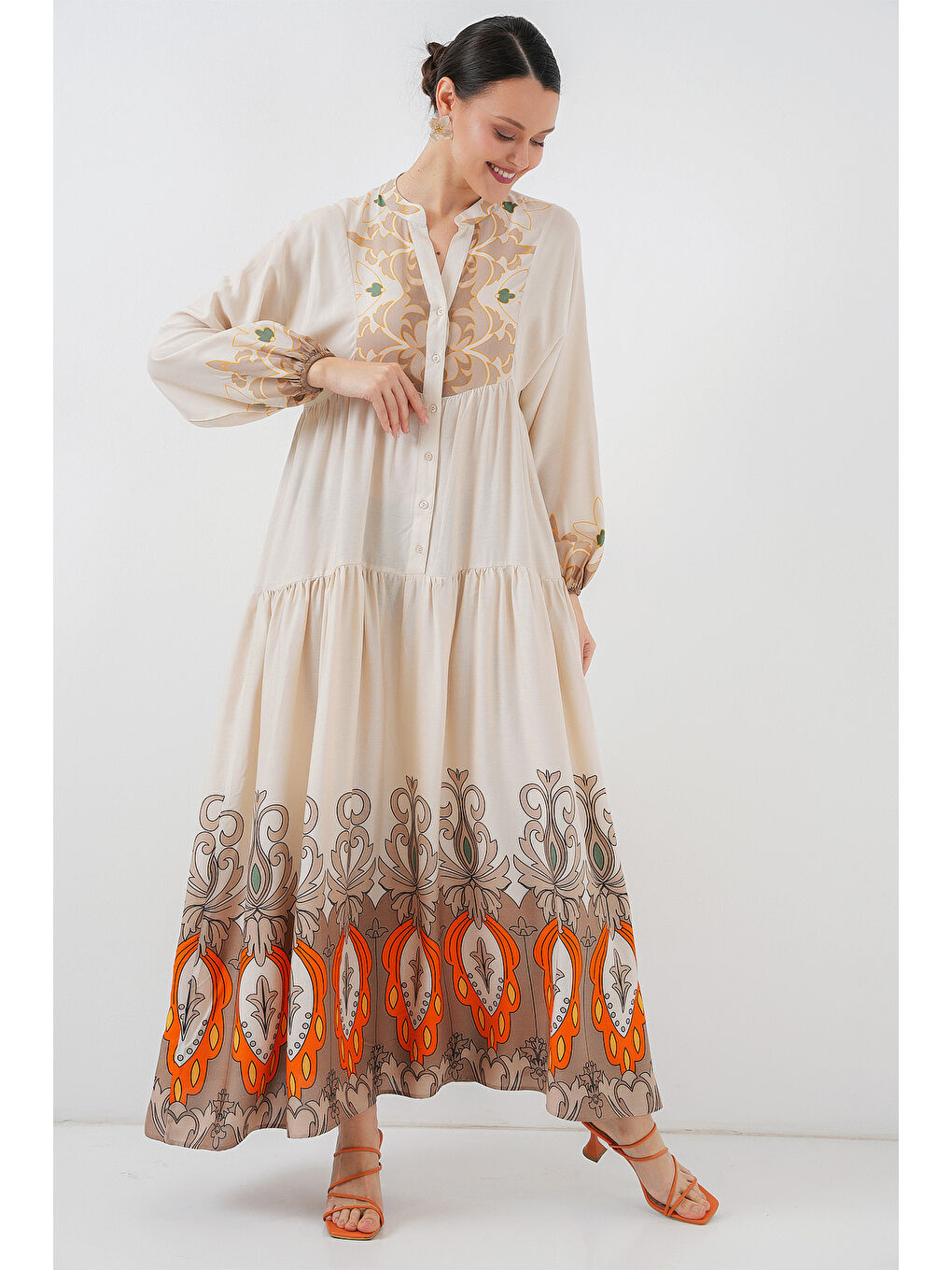 2423 Otantik Desenli Tesettür Elbise - T. Ekru-1