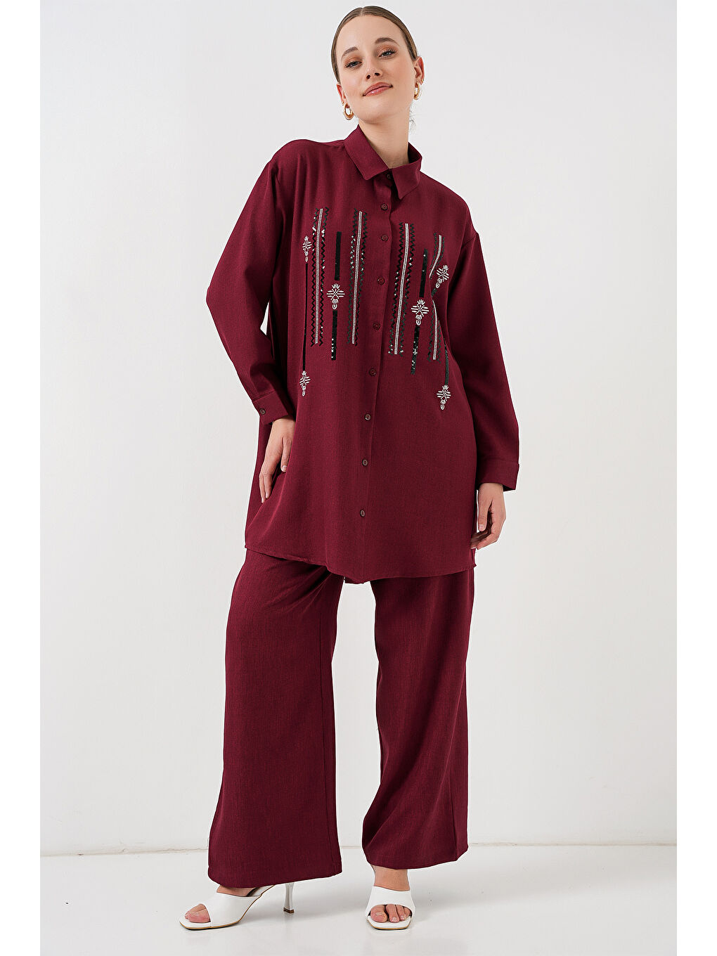Desenli Tunik Pantolon İkili Takım 6720 - Bordo-2