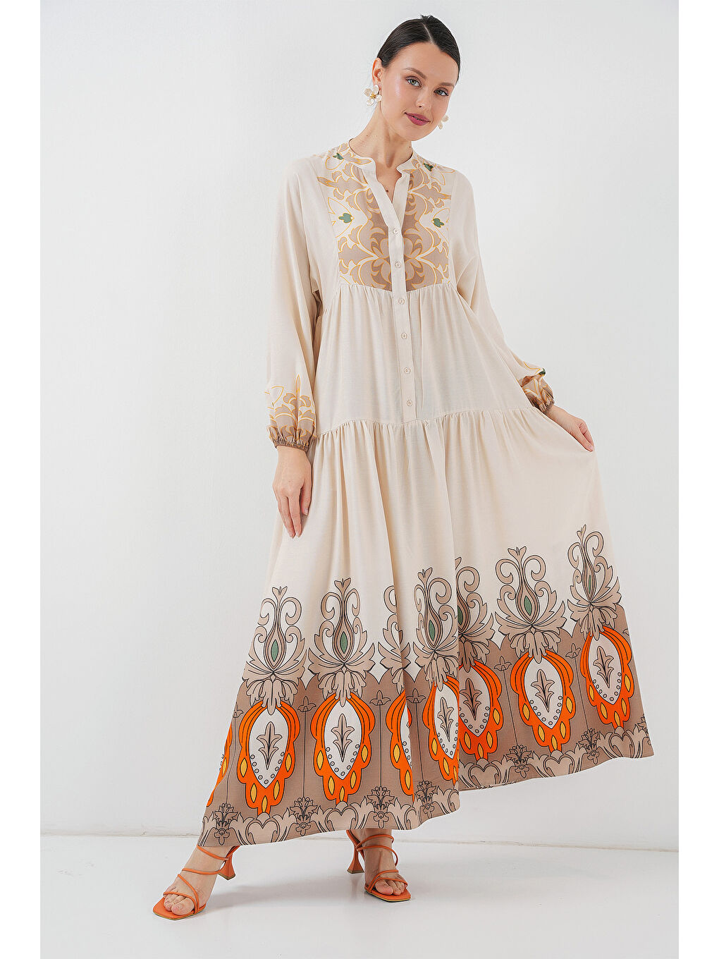 2423 Otantik Desenli Tesettür Elbise - T. Ekru-2