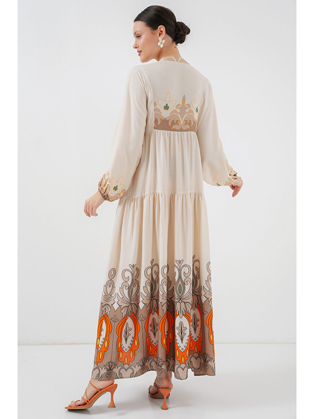 2423 Otantik Desenli Tesettür Elbise - T. Ekru-4