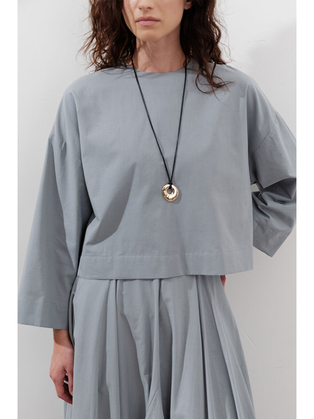 Pamuklu Crop Uzun Kol Bluz Tozlu Mavi-1