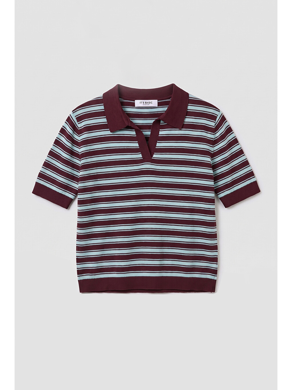 Kadın Bordo Çizgili W6-35 Oversize Polo Yaka Triko-2