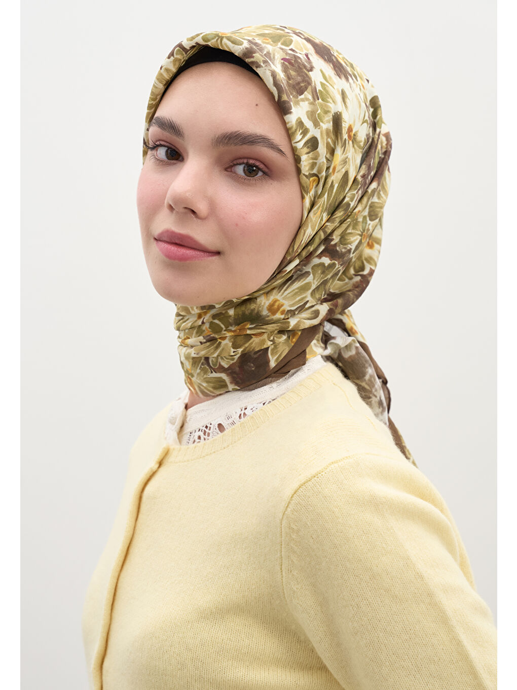 Kahverengi Cherry Blossom Desen Pamuk Viskon Eşarp Kahve-1