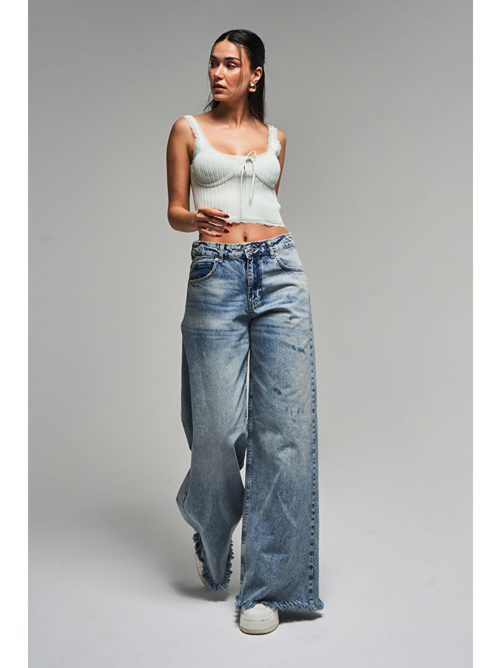 Mavi Kadın Jean Rengi 12s5-32 Palazzo Fit Paça Püsküllü %100 Pamuk Orta Bel Denim Jean-1