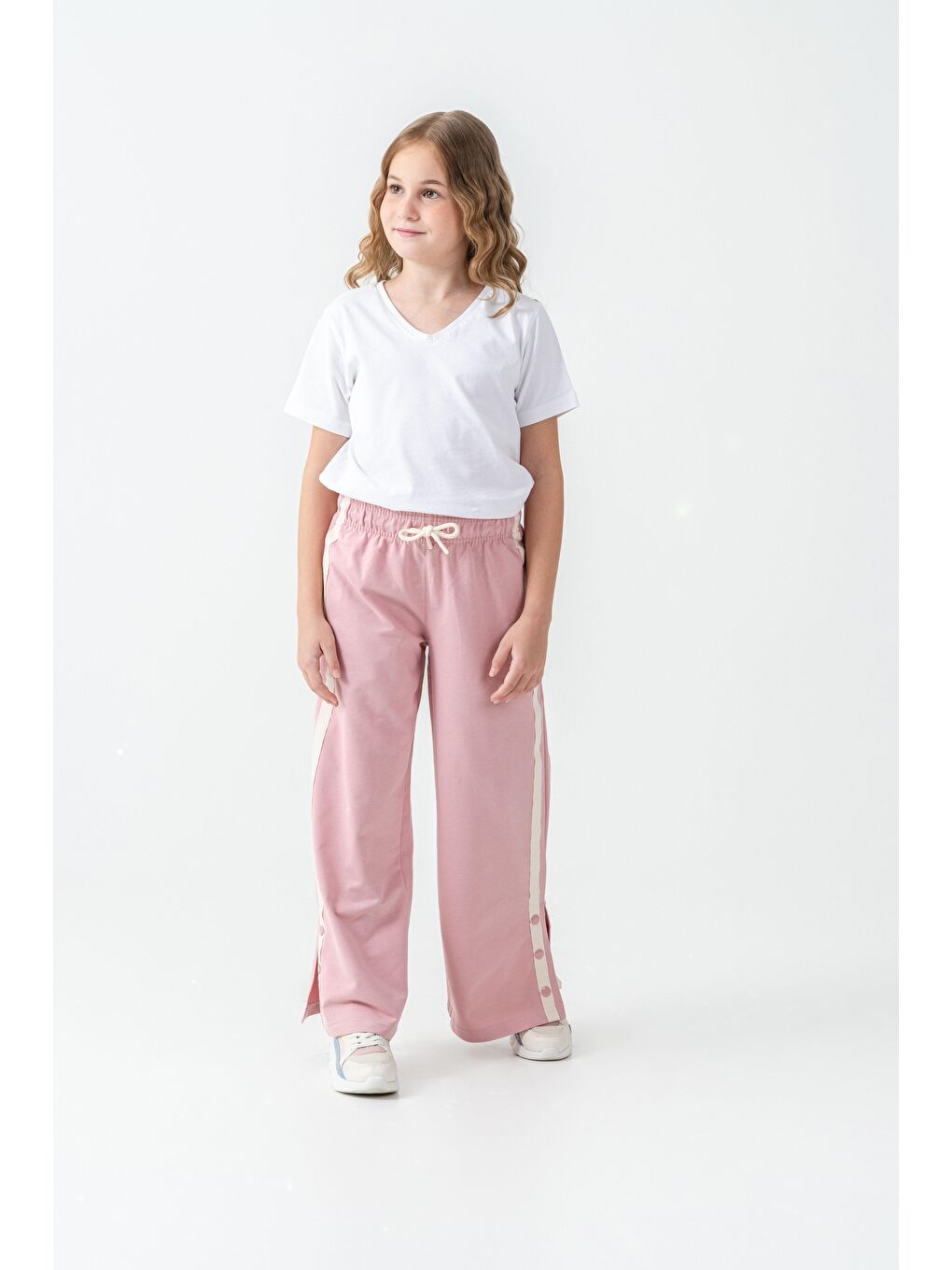 Pembe Yanlar Grogren Şeritli Paçalar Çıtçıtlı Kız Çocuk Eşofman Alt