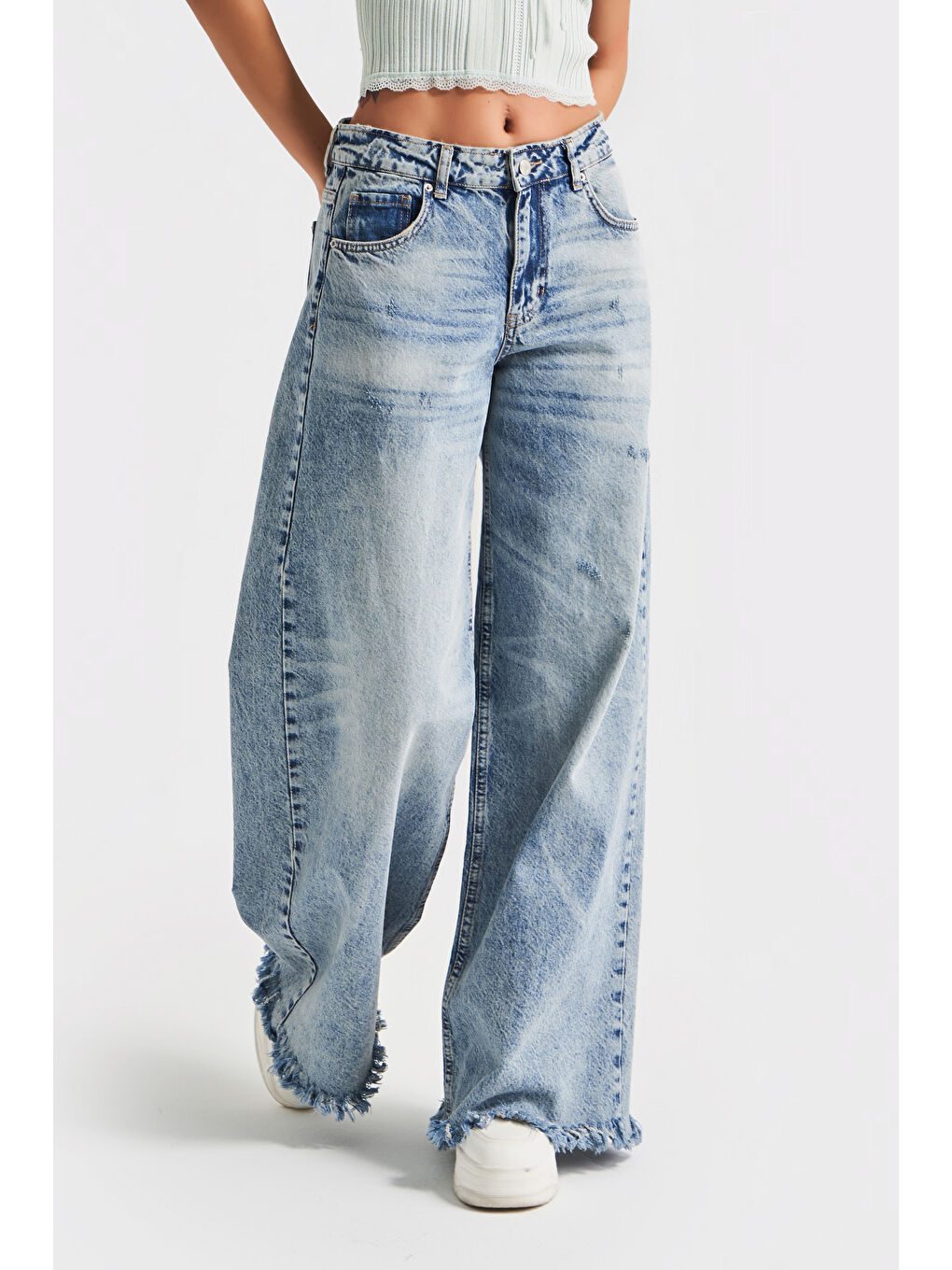 Mavi Kadın Jean Rengi 12s5-32 Palazzo Fit Paça Püsküllü %100 Pamuk Orta Bel Denim Jean-2