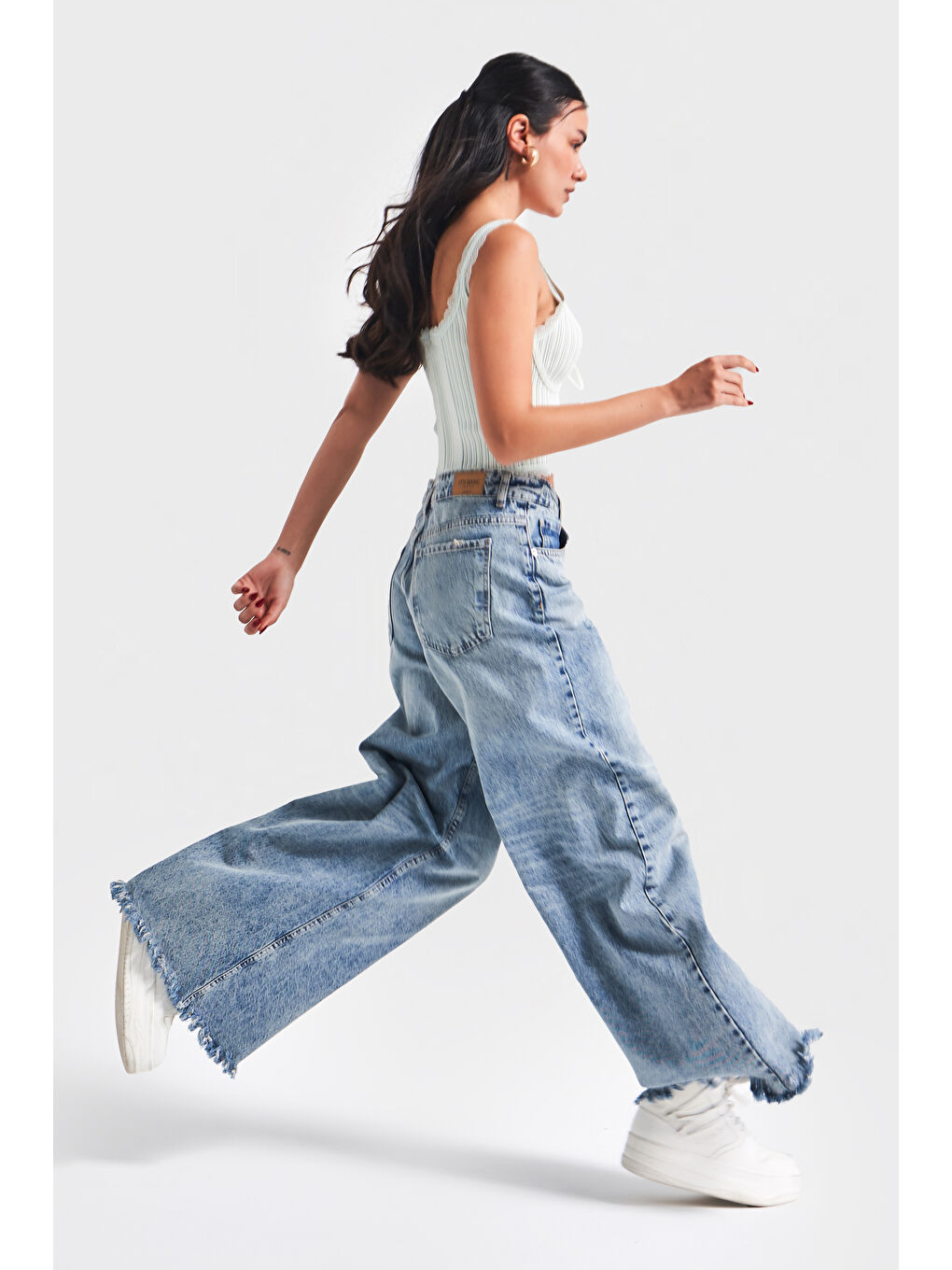 Mavi Kadın Jean Rengi 12s5-32 Palazzo Fit Paça Püsküllü %100 Pamuk Orta Bel Denim Jean-4