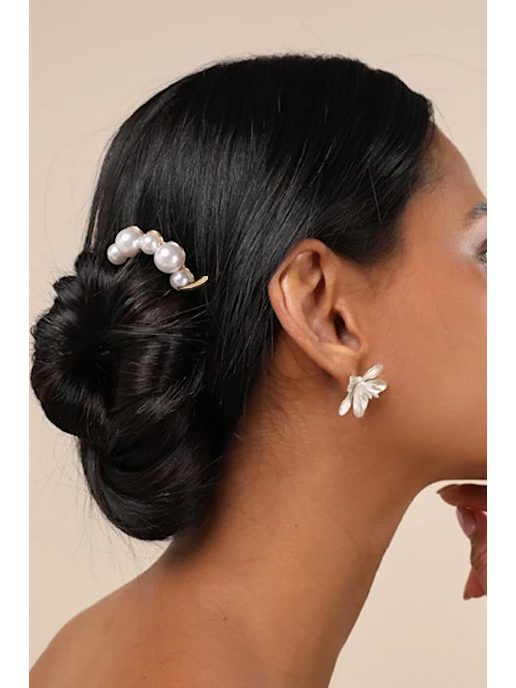 Gri Sıralı İnci Gümüş Rengi Metal Topuz Tokası-3