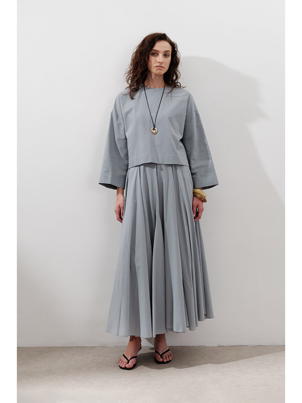 Pamuklu Crop Uzun Kol Bluz Tozlu Mavi-2