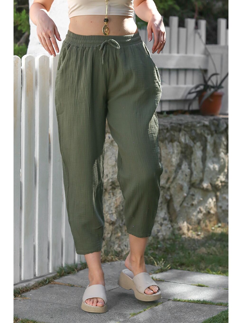 Organik Pamuk Haki Cepli Lastikli Ve Bağlamalı Bel Şalvar Casual Müslin Dokuma Pantolon 100 65