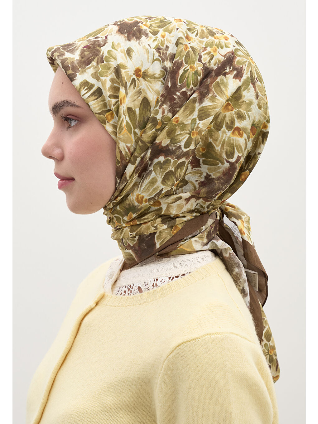 Kahverengi Cherry Blossom Desen Pamuk Viskon Eşarp Kahve-3